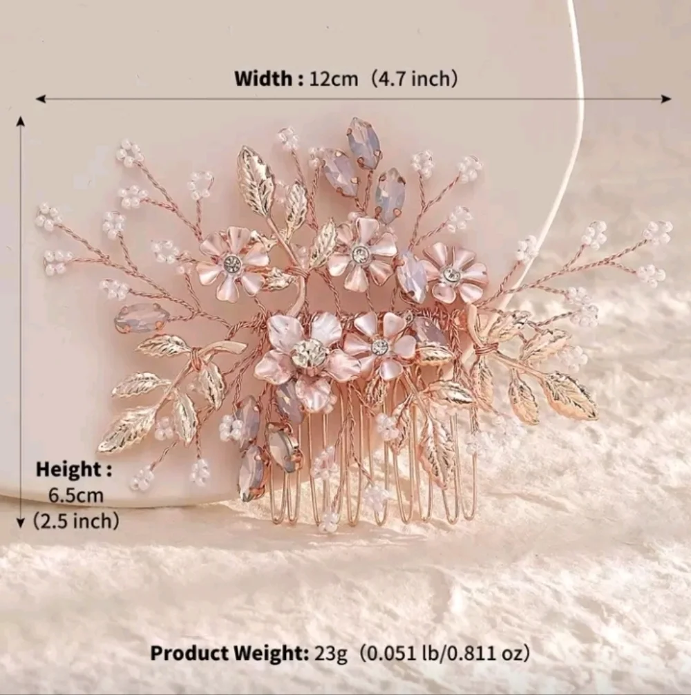 Bridal Comb Rose Gold Floral Leaves Rhinestone Faux Pearl Wedding Hair Comb